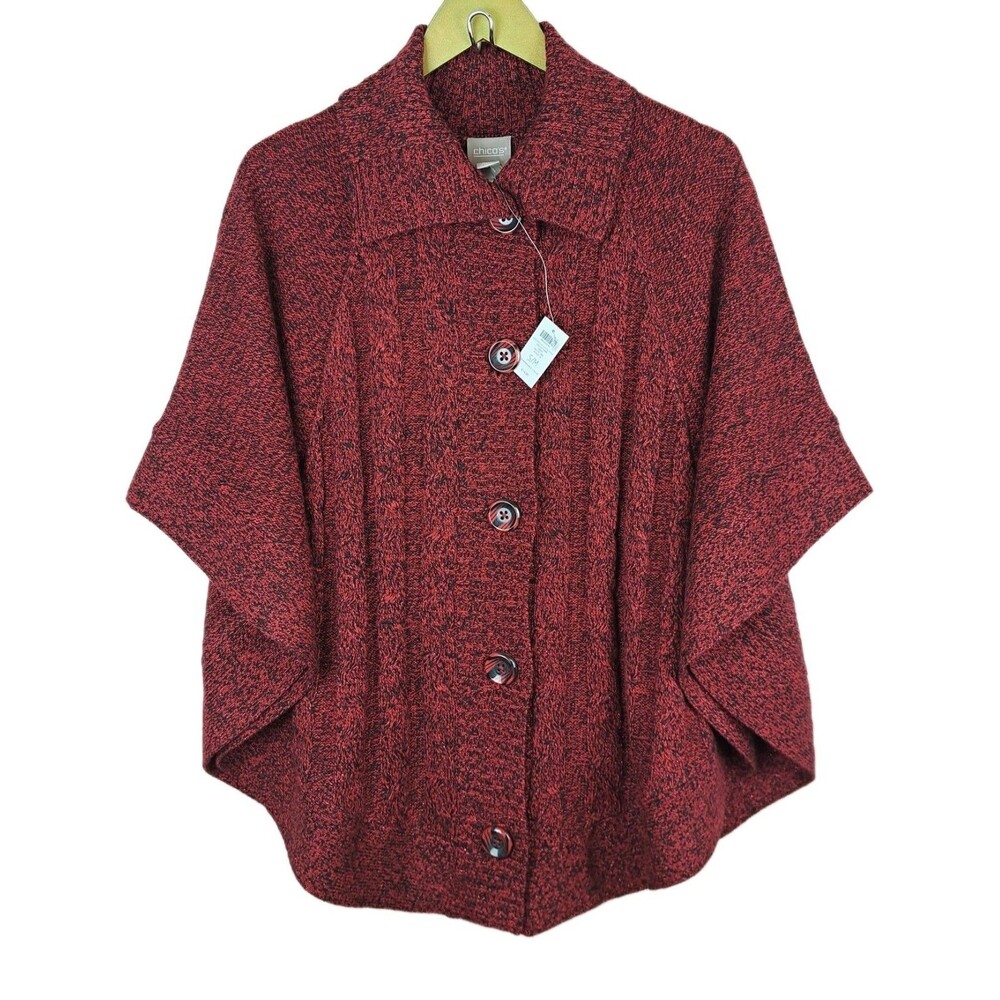 NEW Chicos Chianti Cape Sultry Red Size S / M With Buttons Warming Sweater